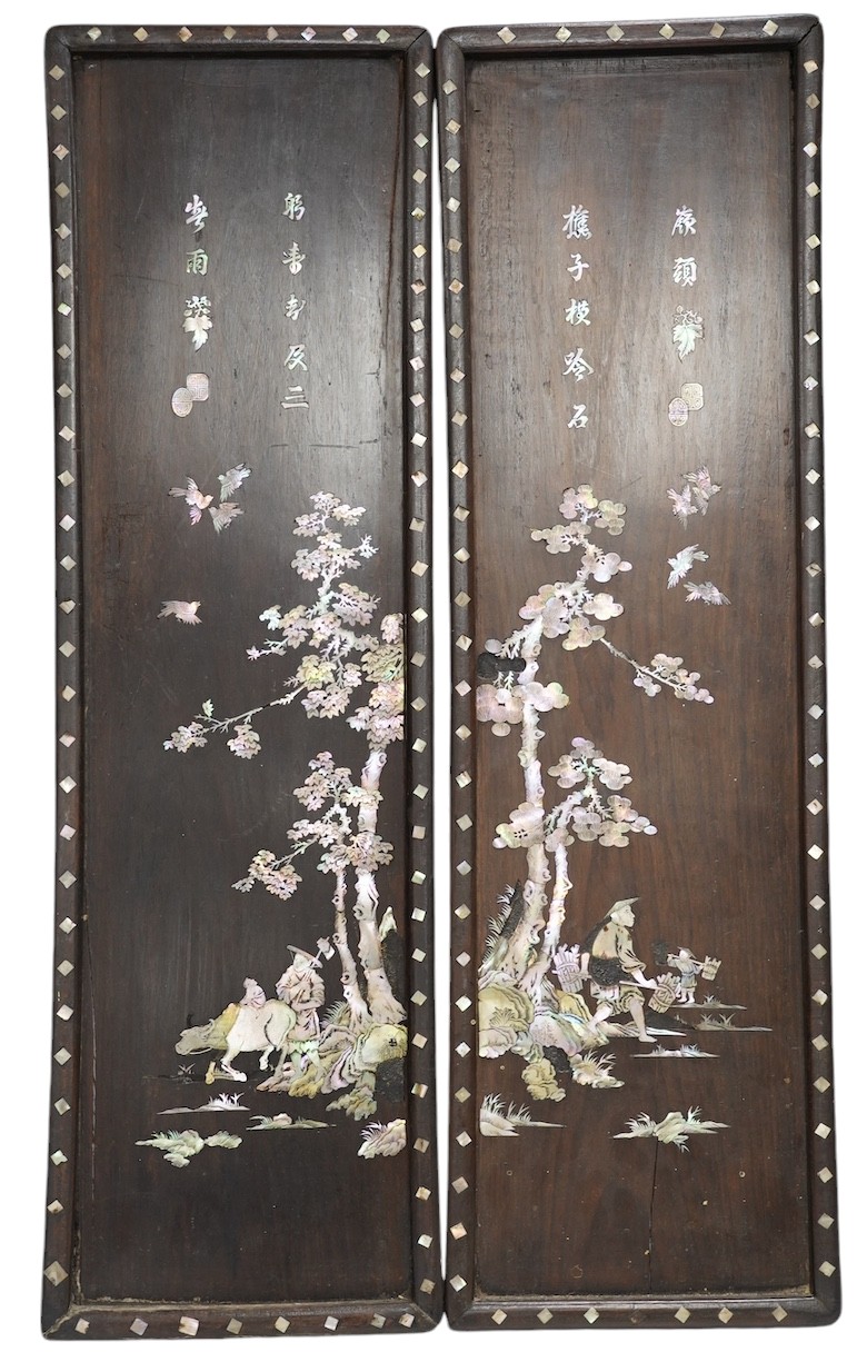 A pair of Chinese mother of pearl inlaid panels, 68 x 20cm. Condition - poor to fair